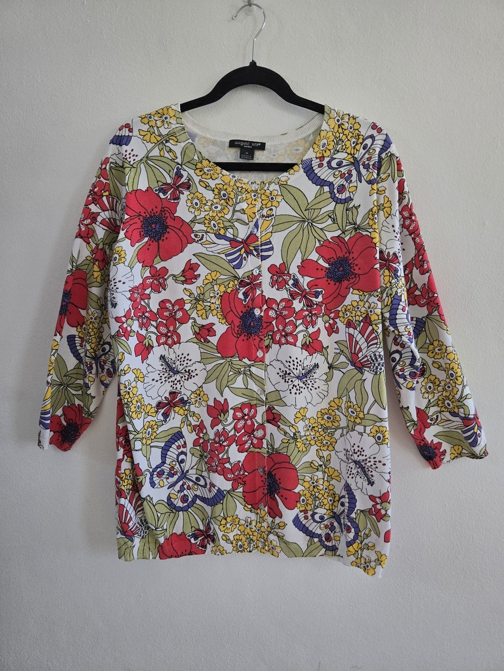 August Silk White Floral Long Sleeve Button Down Sweater Red & Yellow Accents-1X